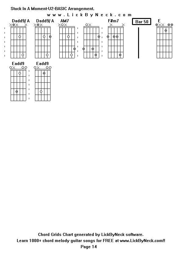 Chord Grids Chart of chord melody fingerstyle guitar song-Stuck In A Moment-U2-BASIC Arrangement,generated by LickByNeck software.